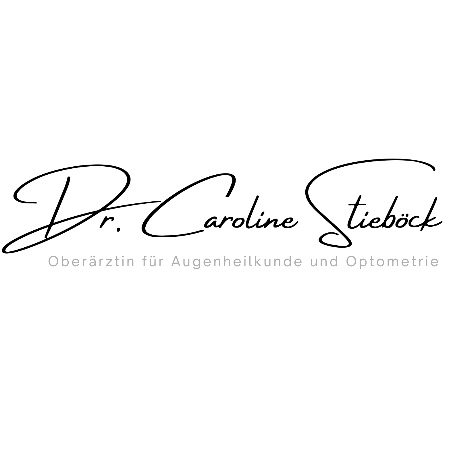 Schwarzer Hintergrund mit weißem Text „Oberärztin für Augenheilkunde und Optometrie“ in der Mitte.