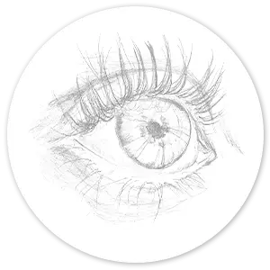 Bleistiftskizze des menschlichen Auges in der Vorderansicht, detaillierte Wimpern und Iris auf weißem Kreis, ähnelt der präzisen Augenpflege von Dr. Stieböck.